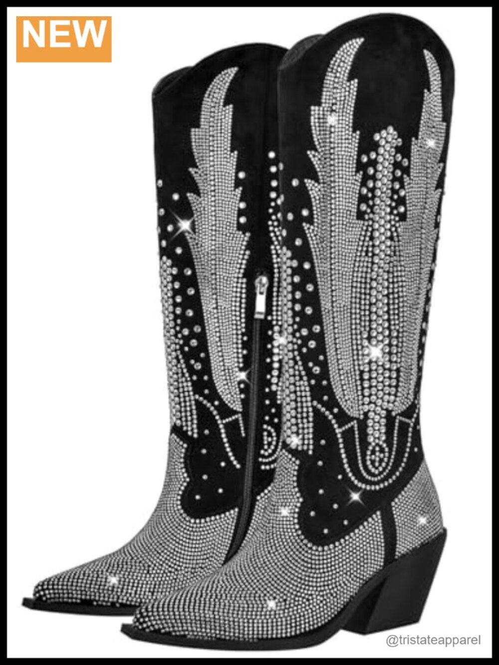 Knee High Cowgirl Boots Rhinestone Bling Pointed Toe Chunky Heel PU